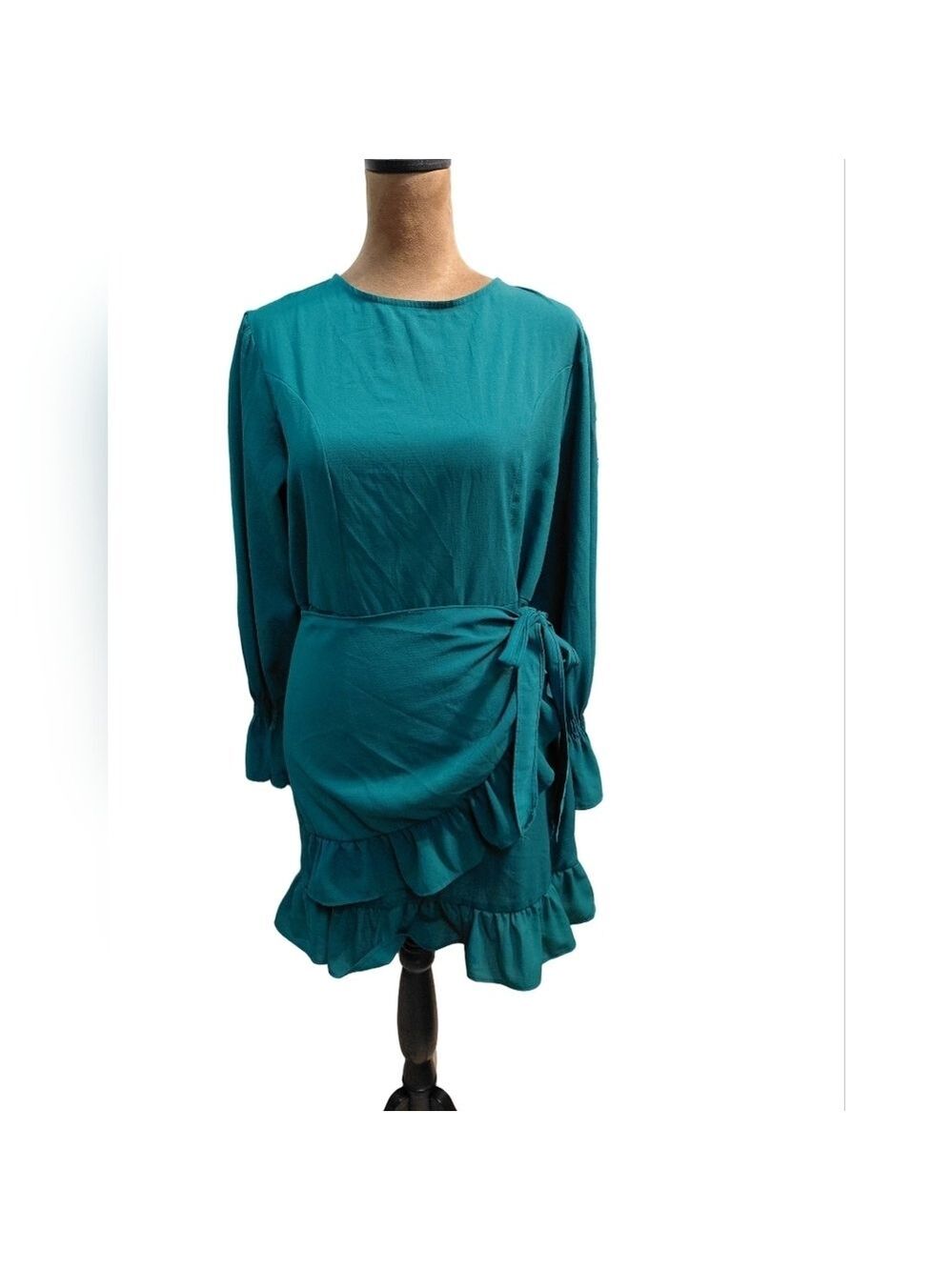 Vintage Handmade Emerald Green Wrap Ruffle Dress Small Romantic 80s 90s - Picture 2 of 6